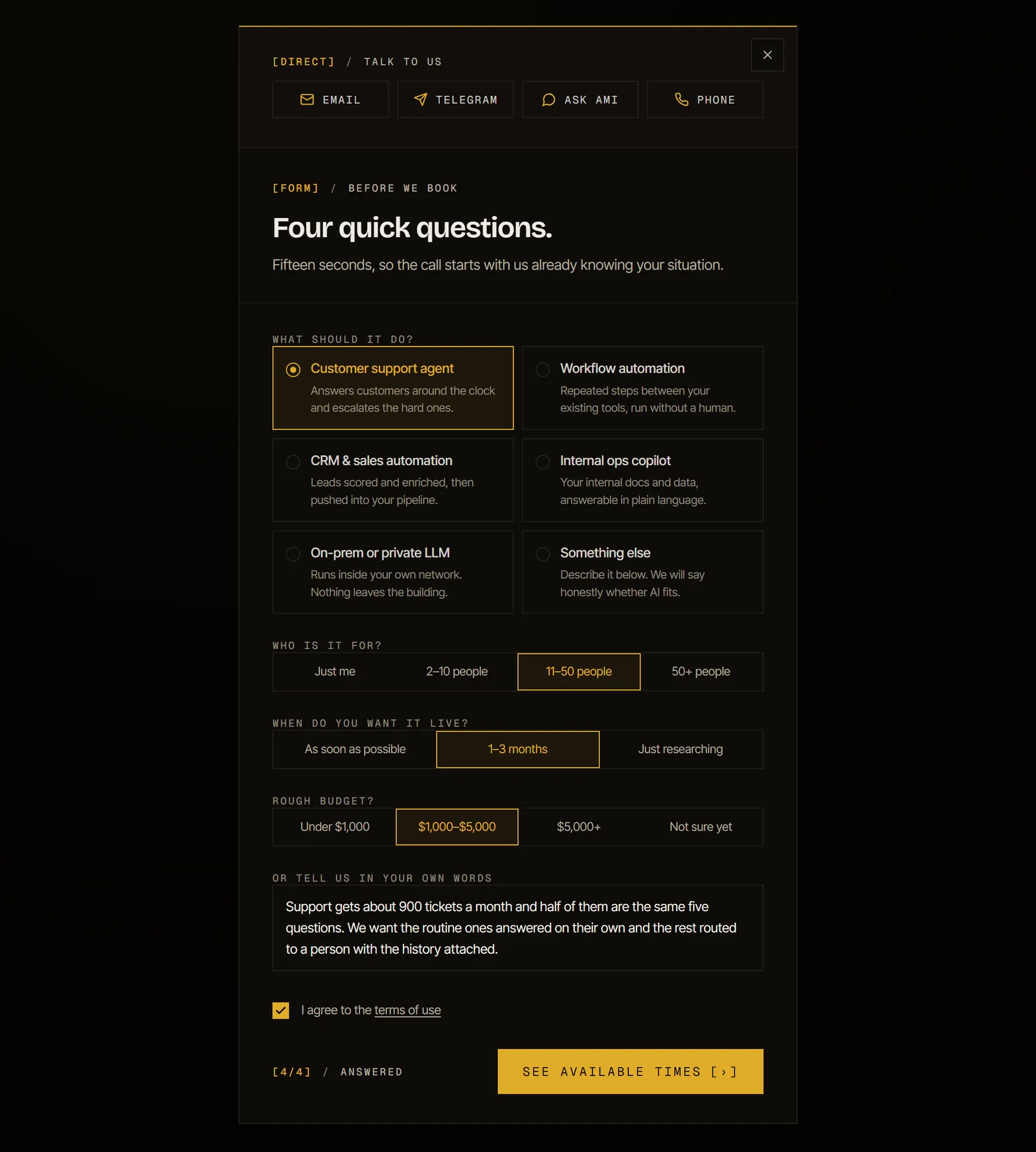 Booking dialog with the four qualifier questions answered and the calendar step unlocked