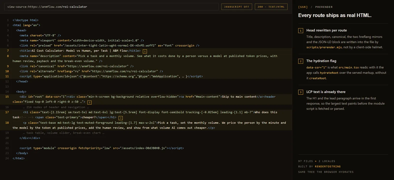 View-source of a route with the data-ssr flag, the per-route head and the H1 already in the HTML