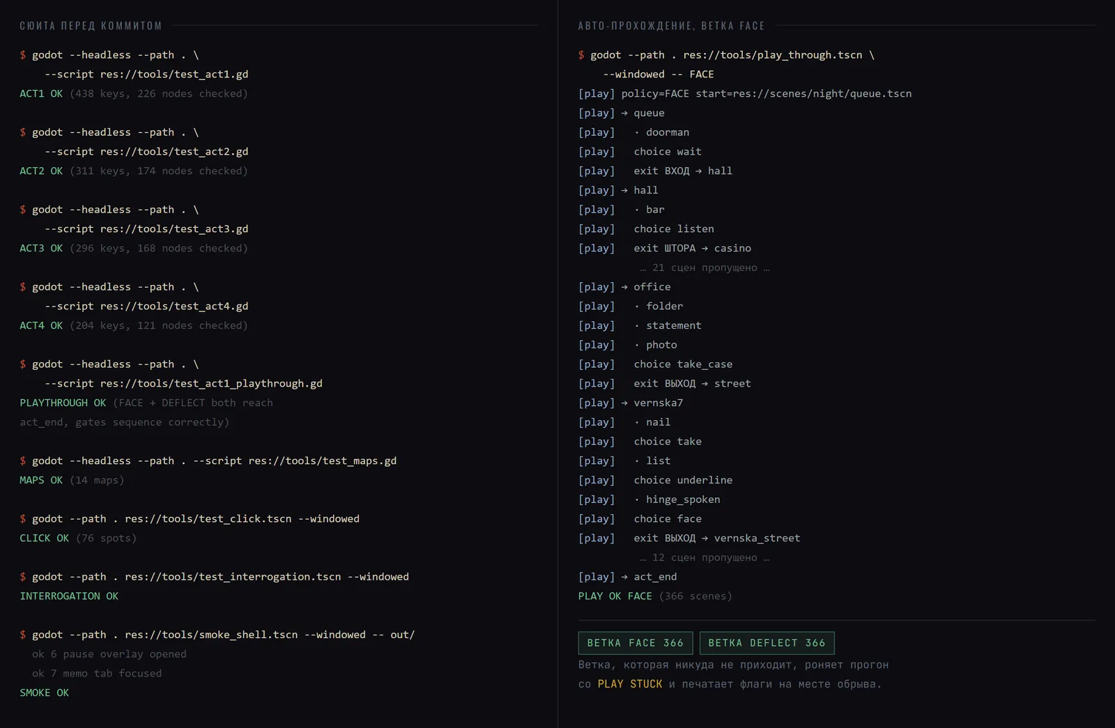 Terminal with the headless act tests green and the self-playing run reaching the end of the act
