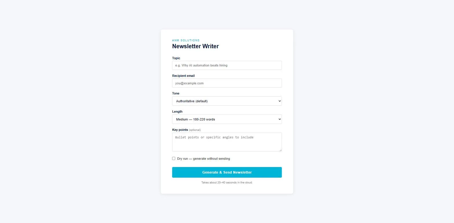 Newsletter Writer form: topic, recipient, tone, length