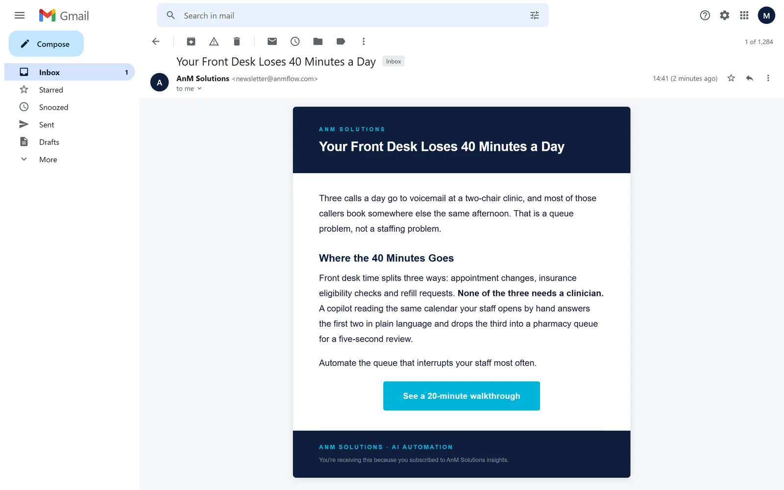 The generated newsletter open in Gmail on desktop