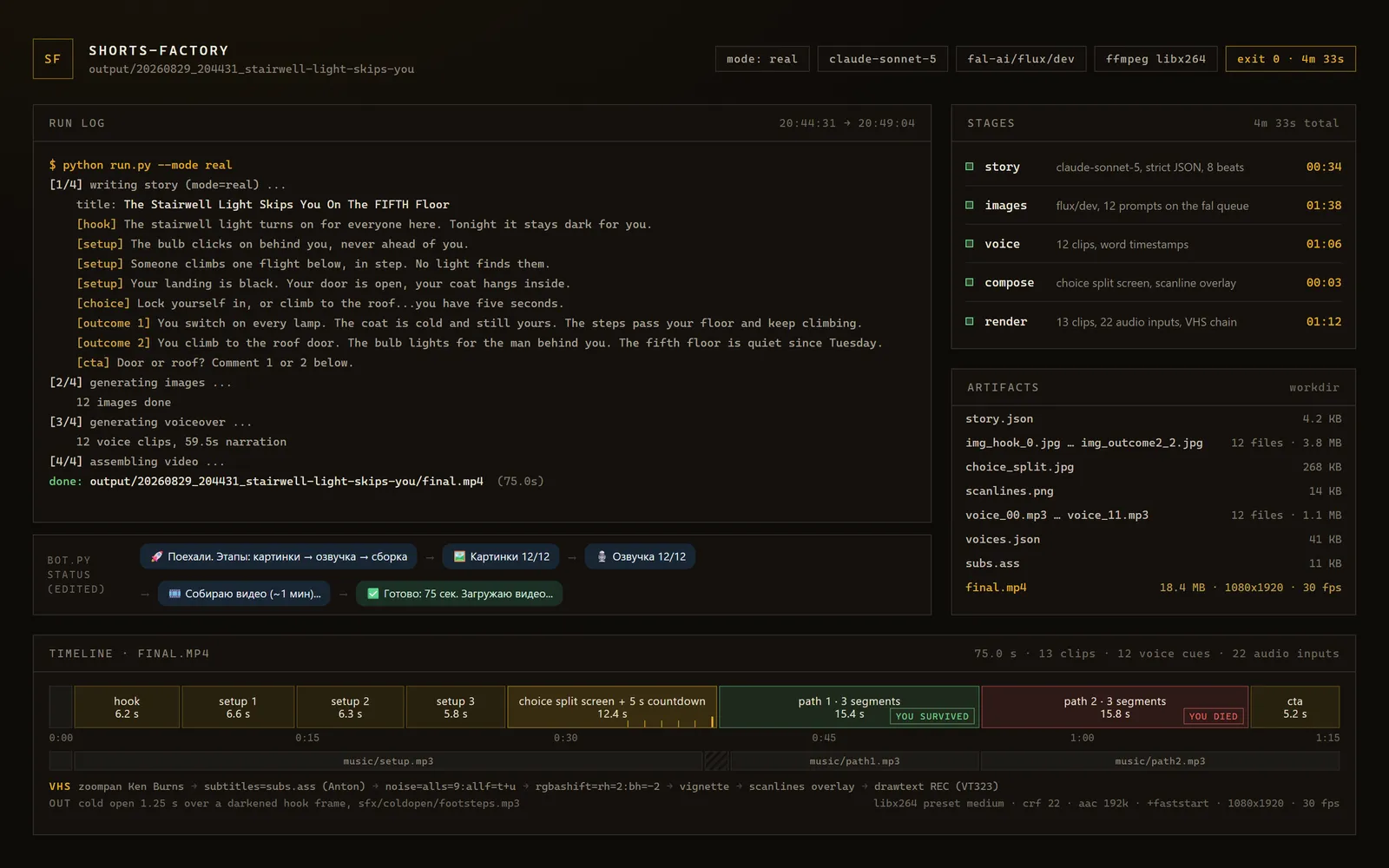 Pipeline run log with stage timings, output files and the rendered video timeline