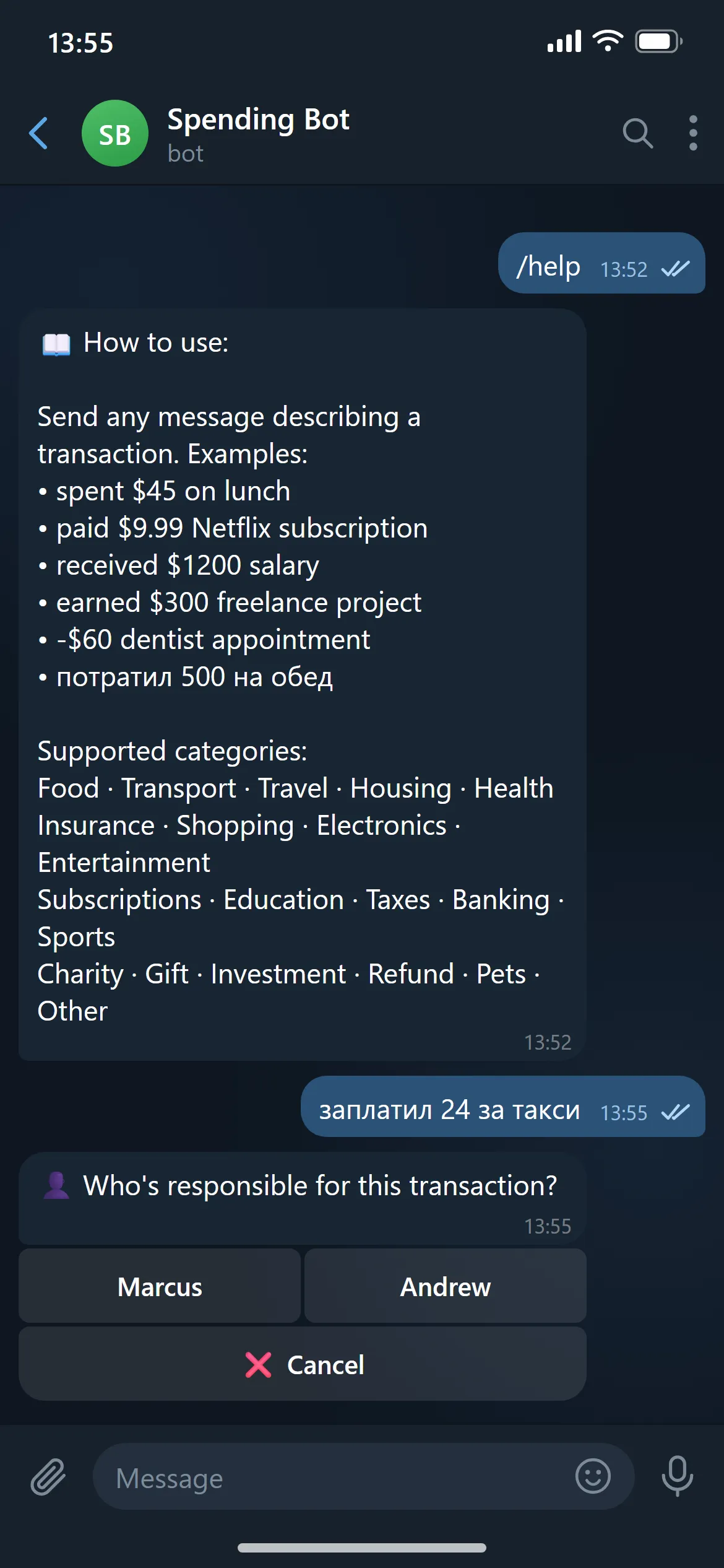 Telegram chat with the /help reply listing every category and the buttons asking who a transaction is for