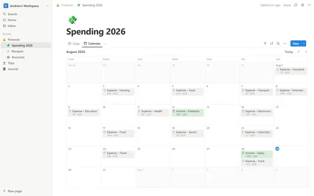 Notion calendar view of the same database with one card per transaction